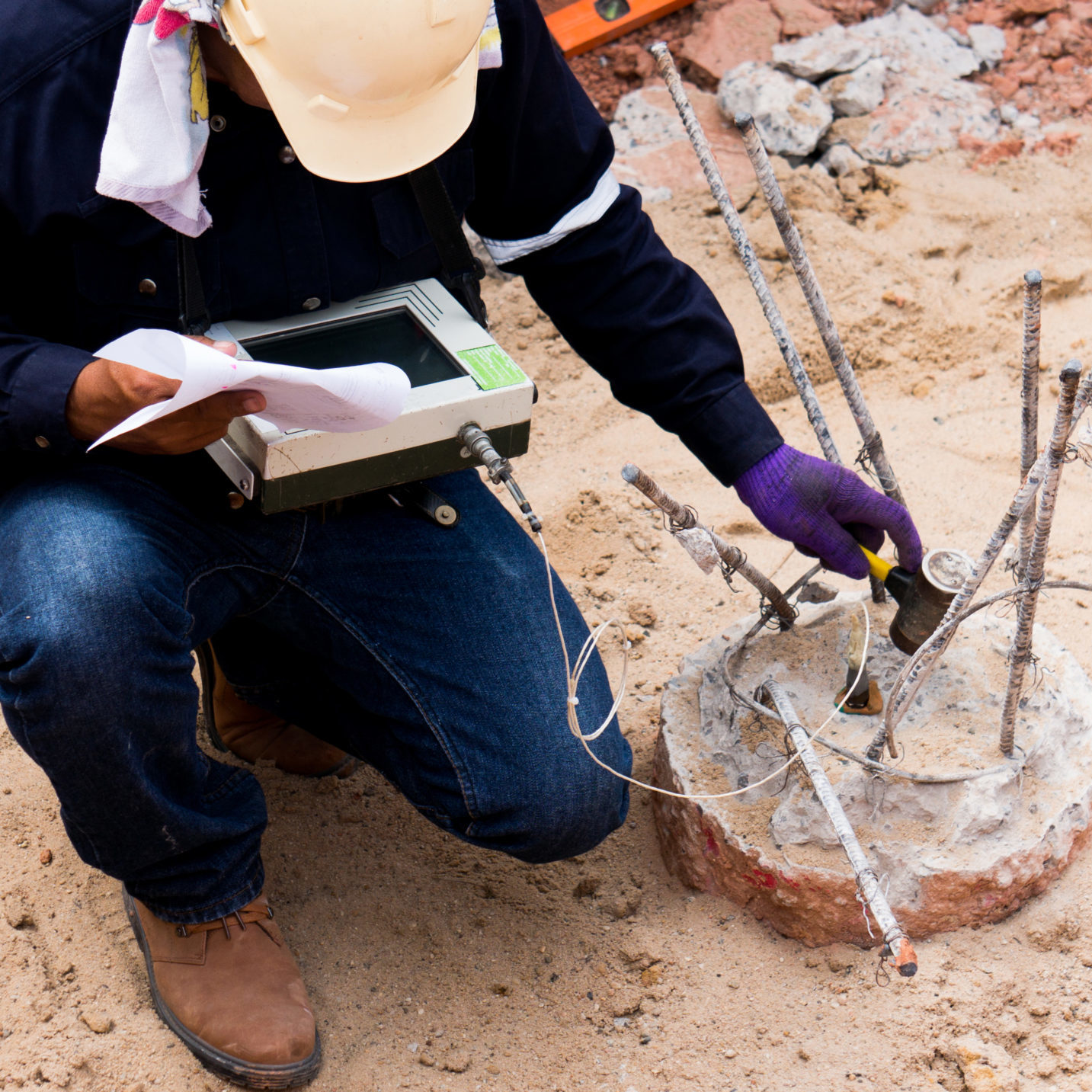 Engineer carrying out seismic test on concrete